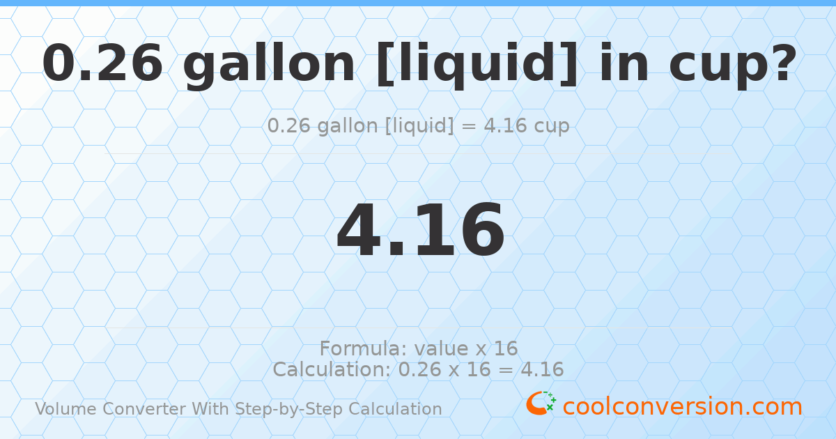 0.26 gallons [liquid] = 4.16 cups